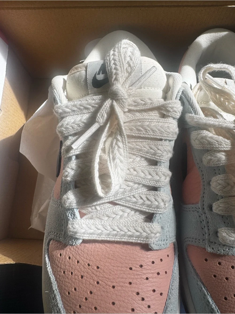 Woman’s Nike Dunk Low-Top Sneakers in Peach/blue with braided laces